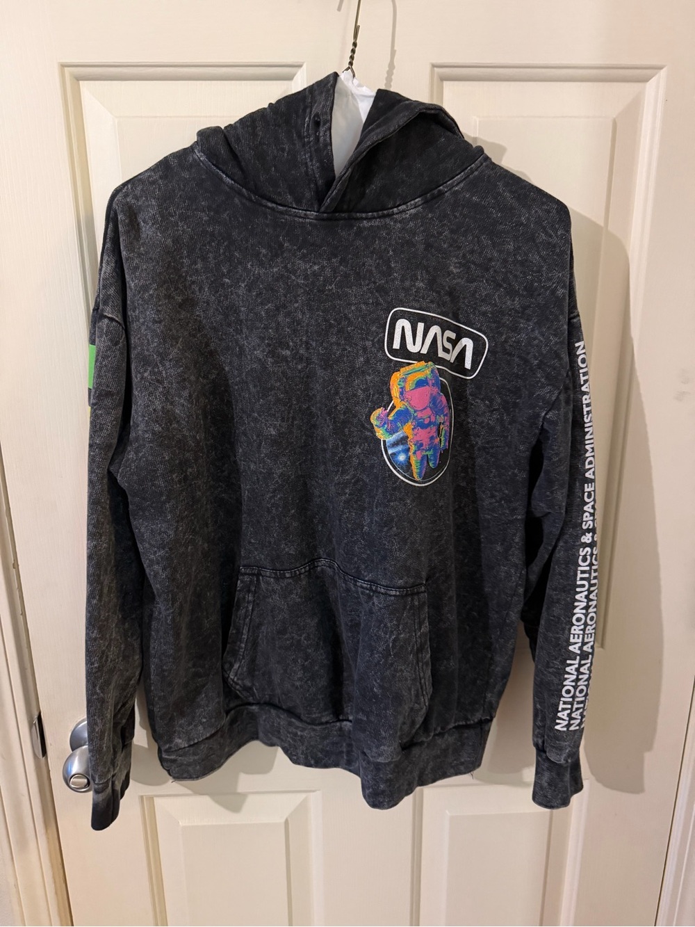NASA Kids Black Acid-Wash Hoodie with Colorful Astronaut Graphic